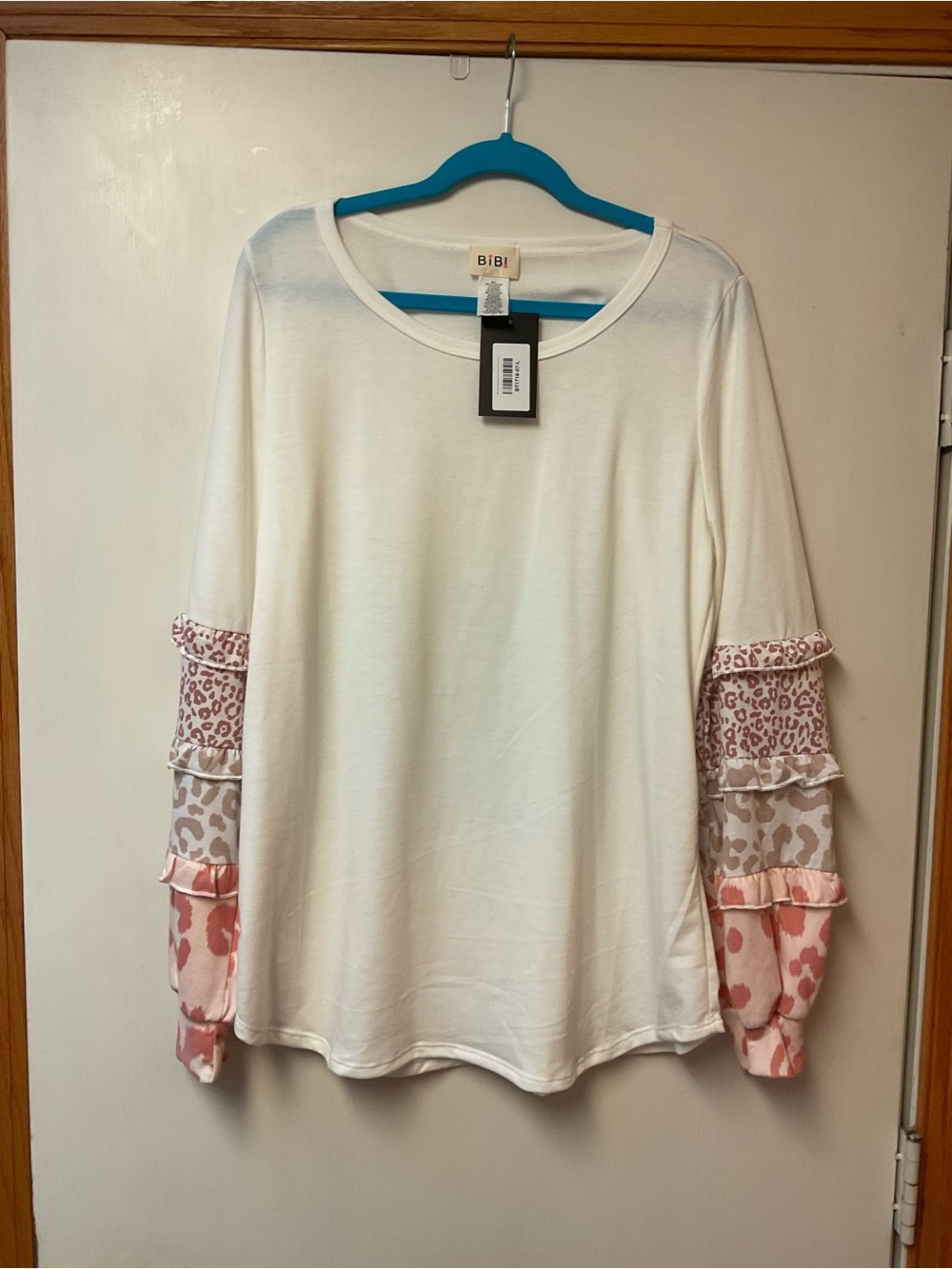 BiBi White Long Sleeve Top with Pink Animal-Print Ruffle Sleeves